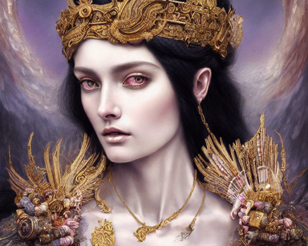 Digital artwork of a pale-skinned woman in golden crown and ornate armor