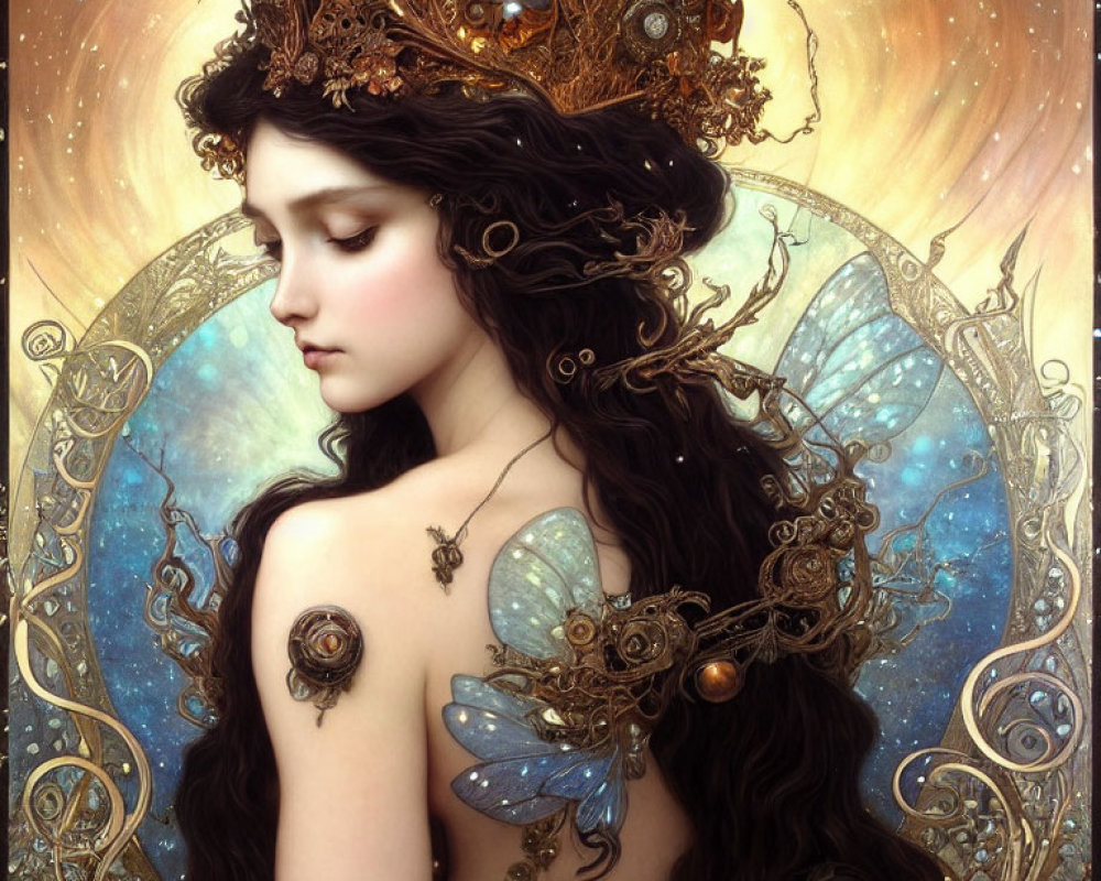 Regal woman with golden crown and mechanical wings in mystical steampunk setting