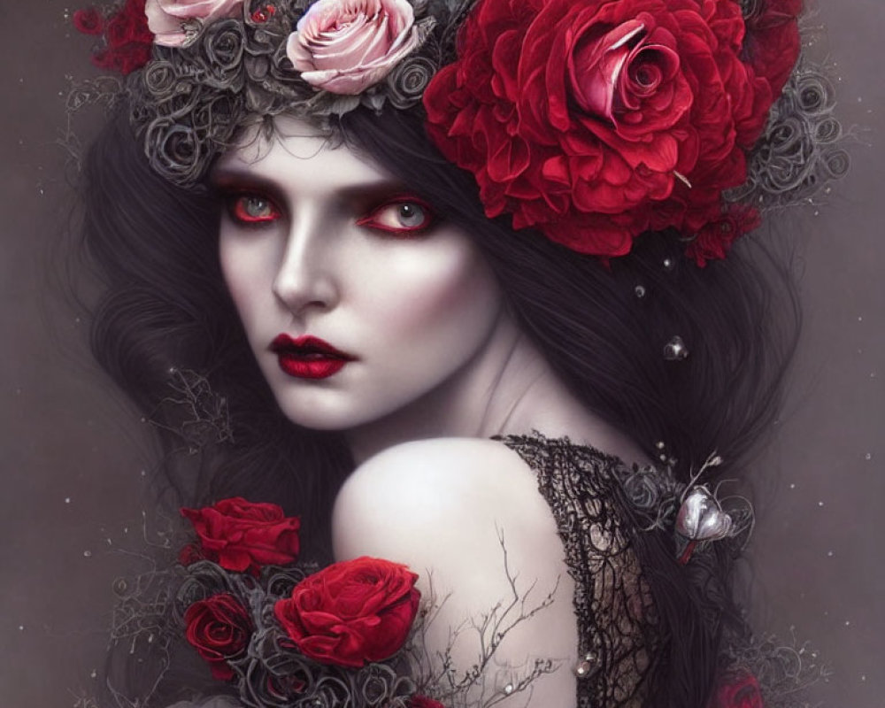 Pale-skinned woman with red eyes, dark hair, red roses, and grey patterns