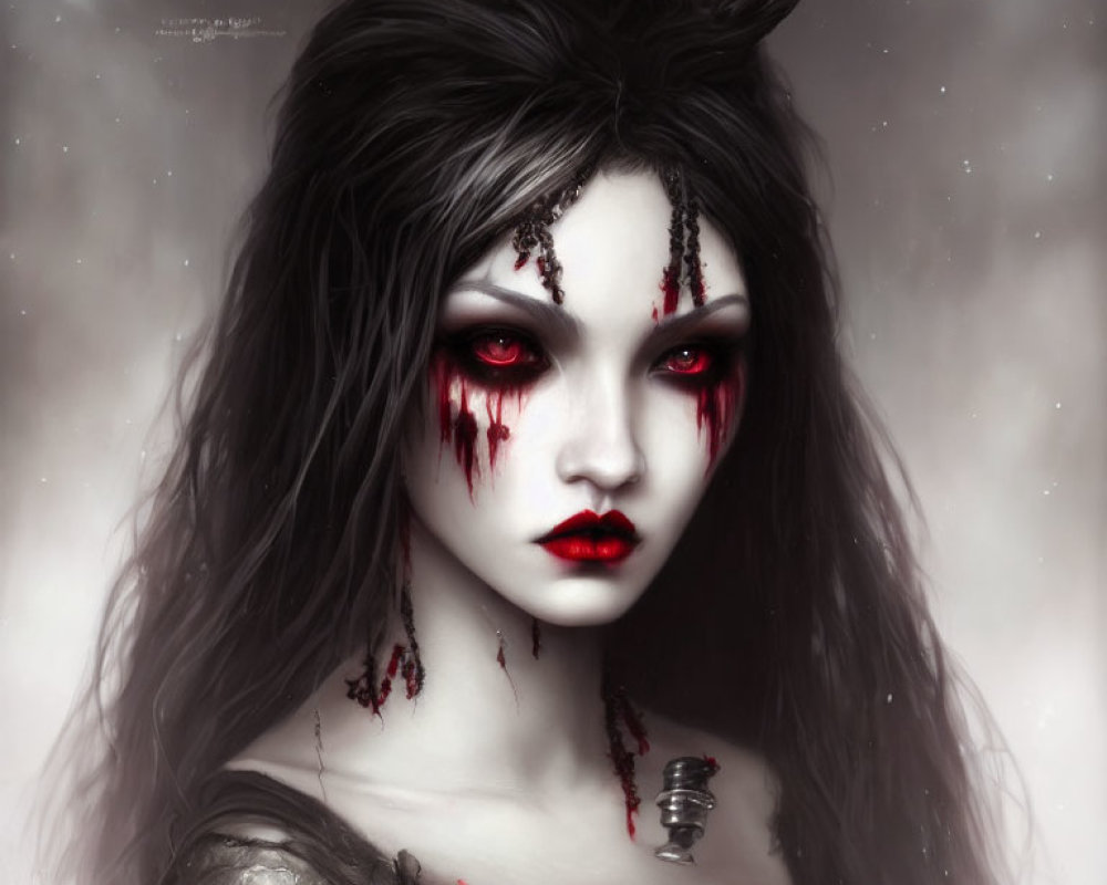 Pale-skinned gothic fantasy figure with antler-like horns and red eyes in misty setting