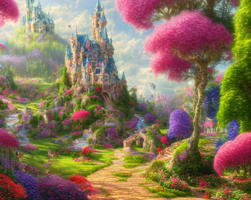 Whimsical castle in vibrant fairy-tale landscape