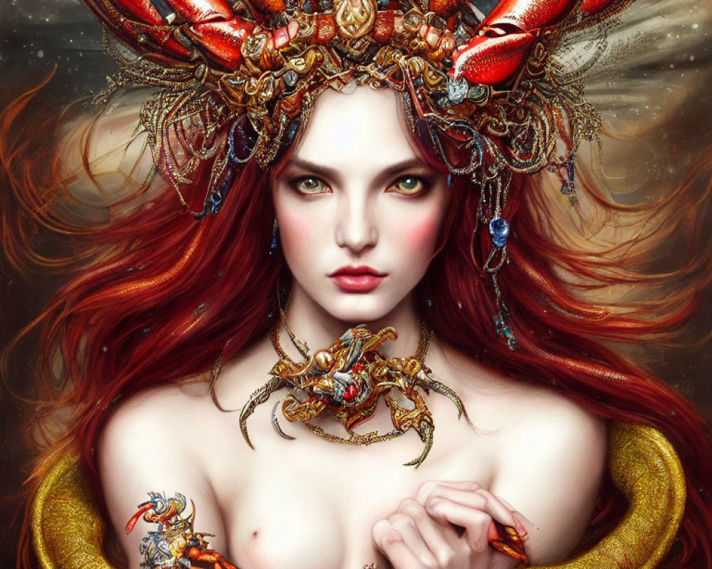 Red-Haired Woman in Lobster Claw Crown and Crab Necklace