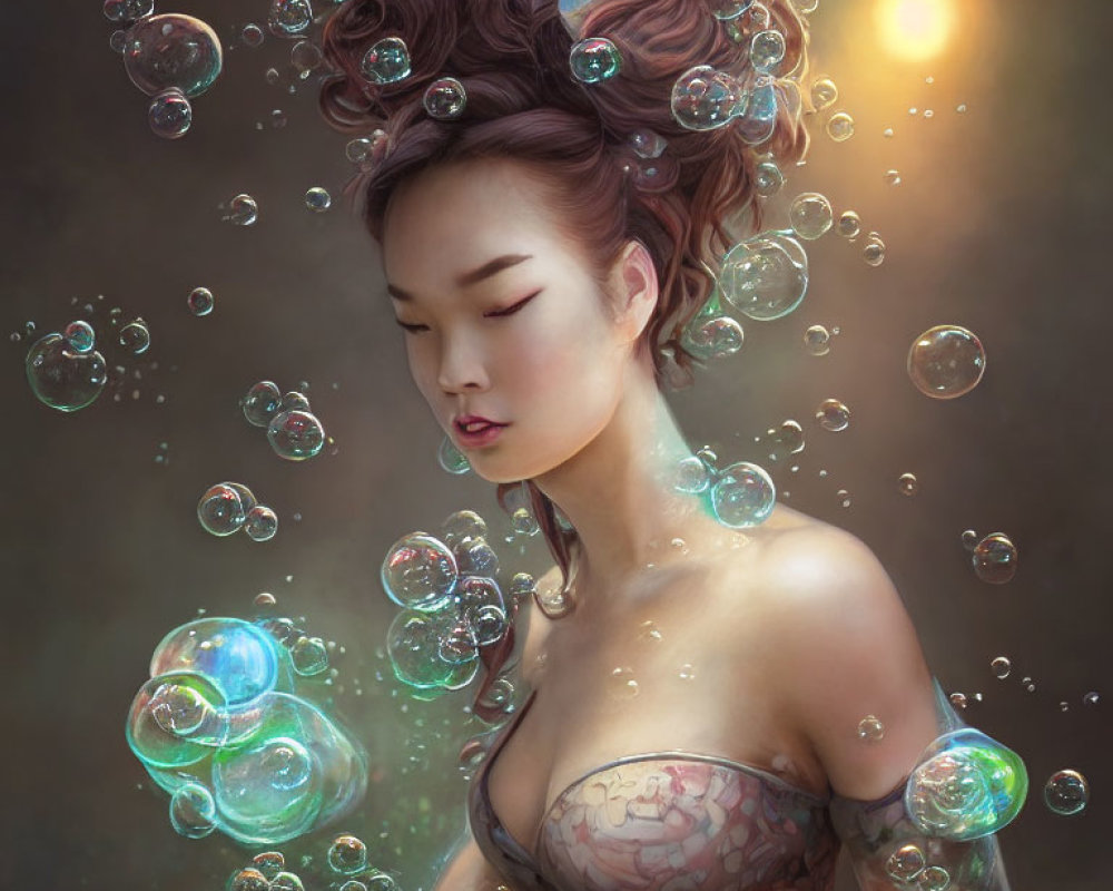 Serene woman with intricate tattoos surrounded by iridescent soap bubbles