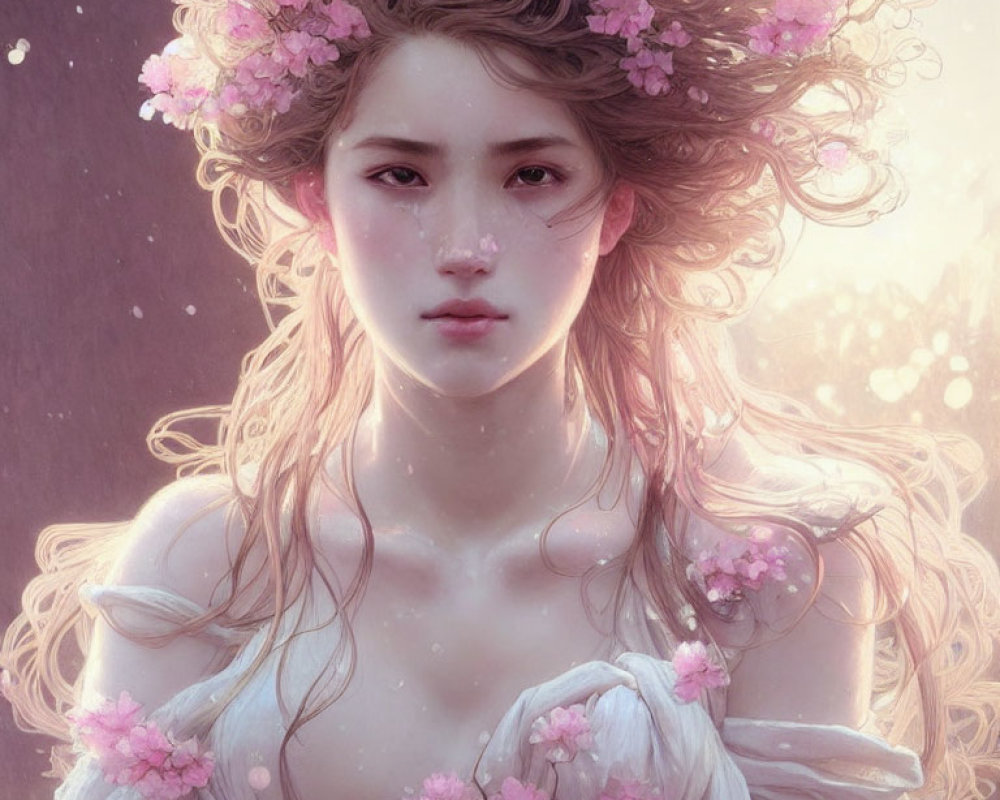 Portrait of Woman with Pink Blossom Crown and Flowing Hair