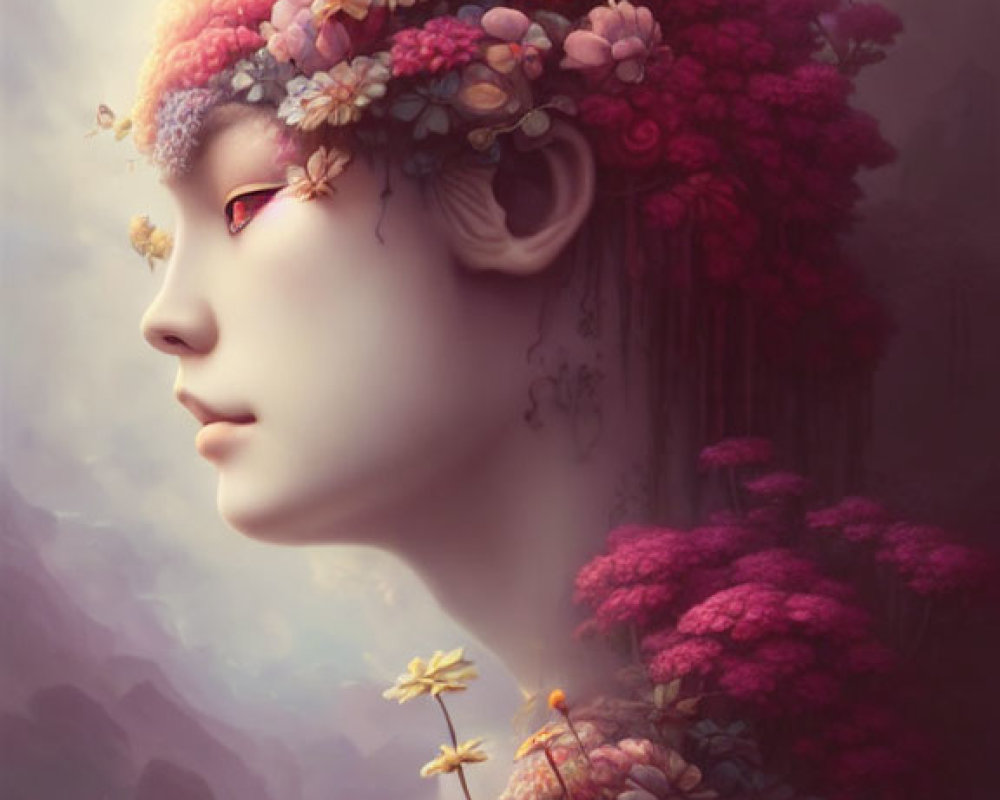 Person with Flowers and Foliage in Mystical Profile