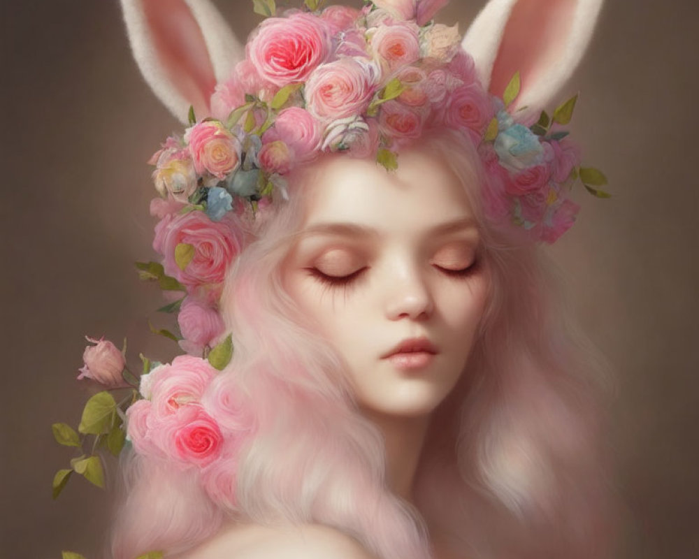 Person with Pink Hair and Rabbit Ears Wearing Floral Wreath