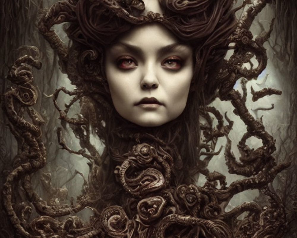 Gothic fantasy illustration: Pale woman with red eyes, intricate branch crown, forest backdrop