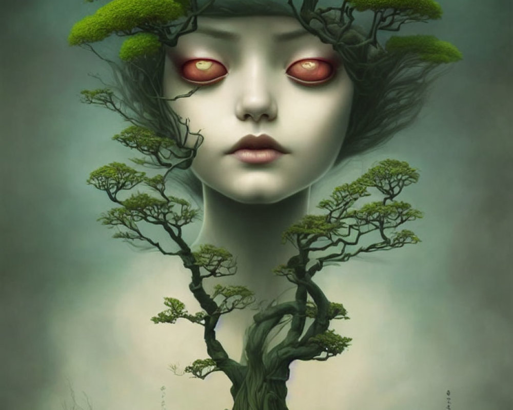 Surreal illustration of figure with tree-like features