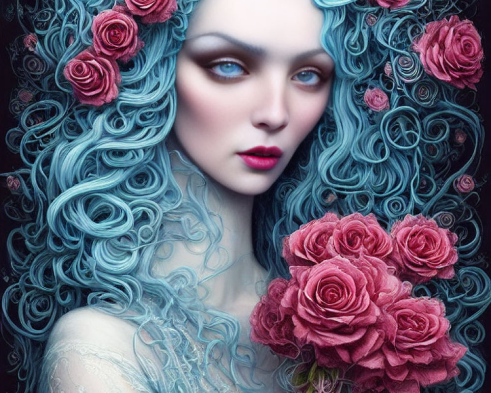 Portrait of Person with Pale Skin, Curly Blue Hair, Roses, Bouquet, Floral Backdrop