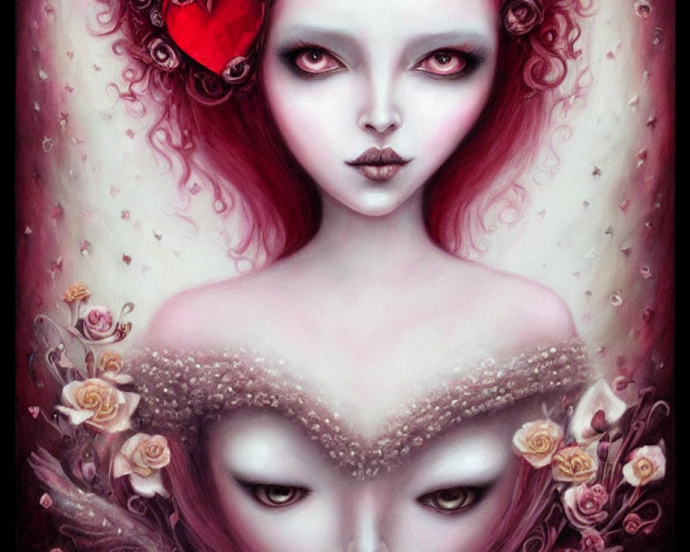 Pale woman with red eyes surrounded by roses and mirror reflection.