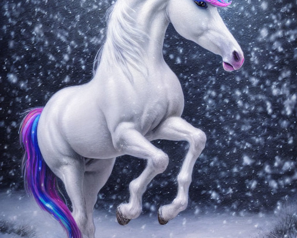 Majestic unicorn with rainbow mane in snowy landscape