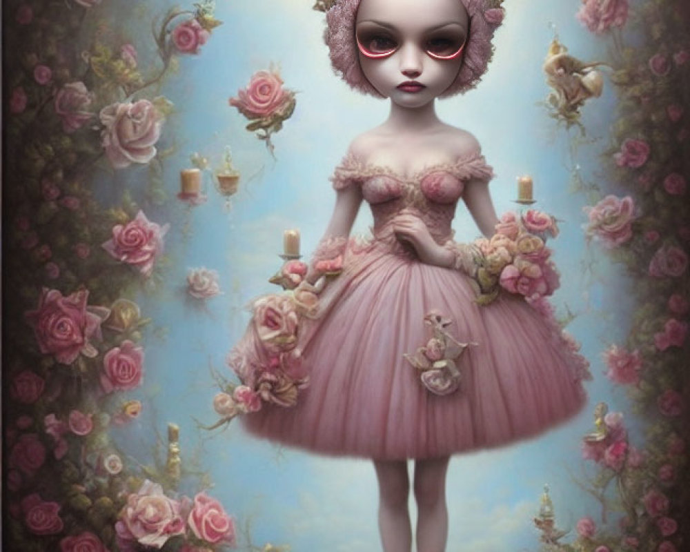 Doll-like Figure in Pink Dress Surrounded by Flowers and Candles