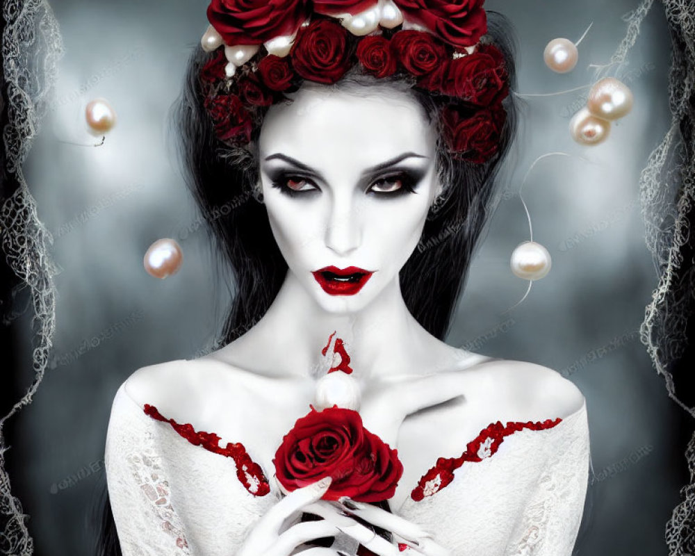 Pale woman with black hair, red roses, dramatic makeup, and pearls on lace background