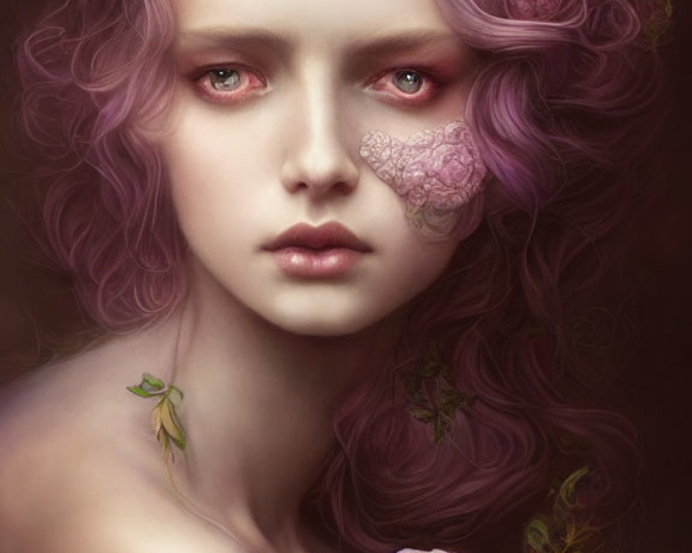 Illustrated portrait of woman with pink wavy hair and floral face design.