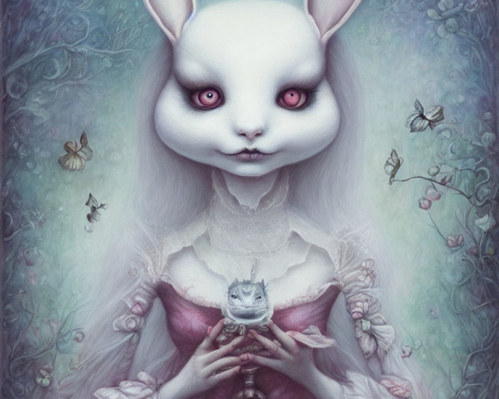 Surrealist artwork: Human-like body, rabbit head, pink dress, holding creature, moths