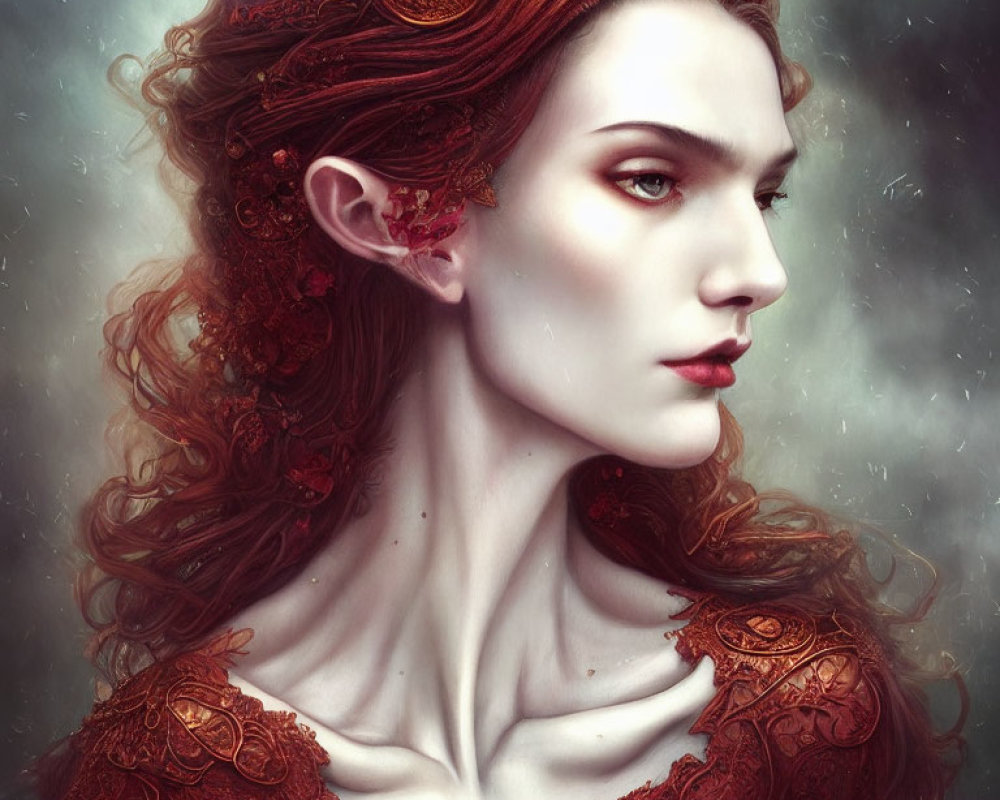 Ethereal portrait of woman with red hair adornments and serene expression