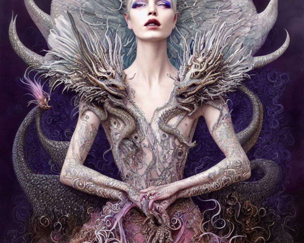 Fantasy-themed portrait of pale-skinned woman with white hair and elaborate horned headdress on purple