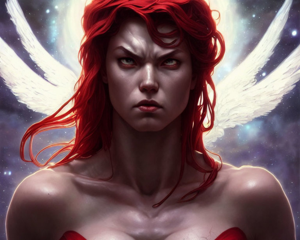 Digital artwork of fierce woman with glowing eyes, red hair, wings, and celestial backdrop