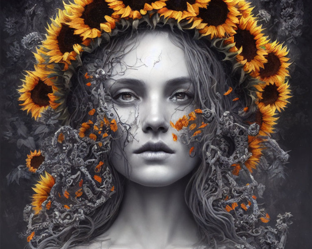 Monochromatic portrait of a woman with sunflower crown and ghostly skulls