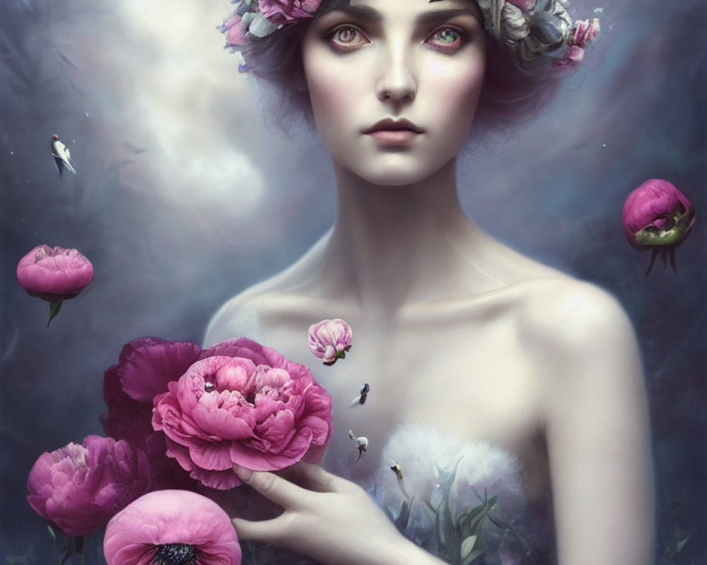 Surreal portrait of a woman with vivid flowers and mystical background