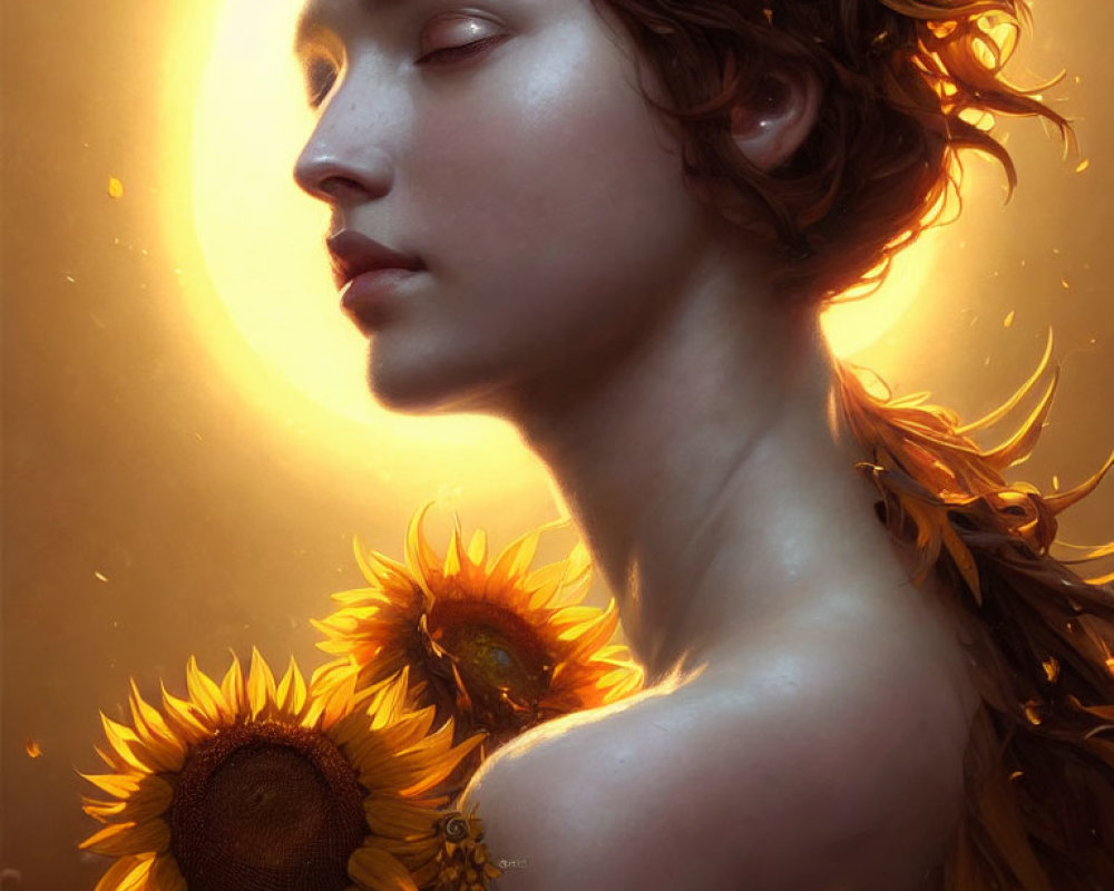 Profile portrait with sunflowers in hair and warm light