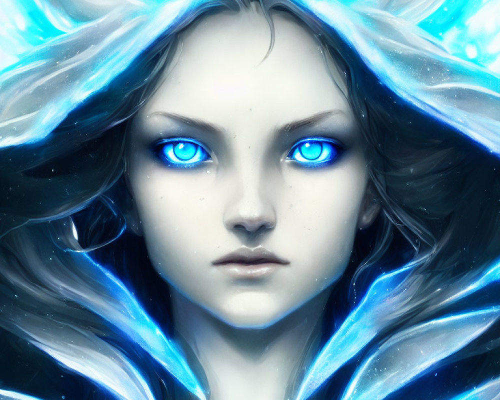 Portrait of person with luminescent blue eyes and radiant blue crystalline crown.