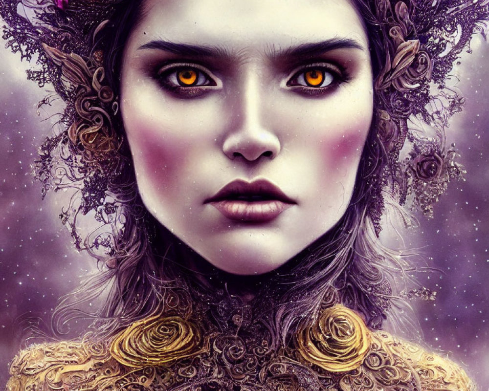 Digital Artwork: Woman with Orange Eyes, Purple Floral Headdress, Gold Collar