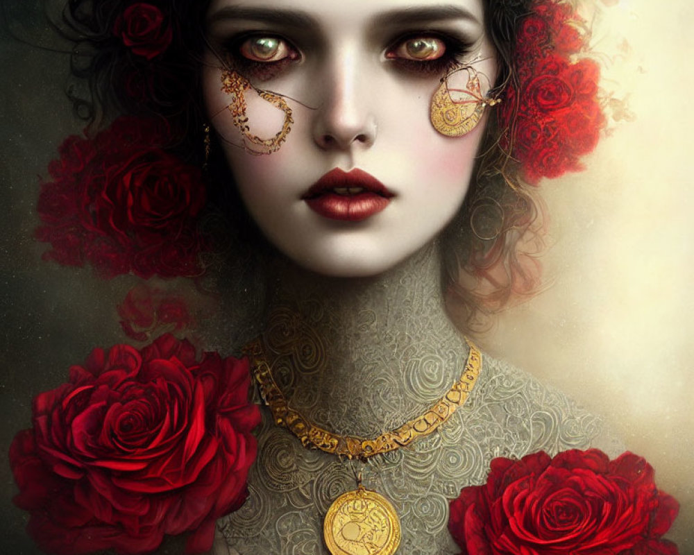 Digital portrait of woman with pale skin, dark hair, red roses, golden eyes, and gold jewelry