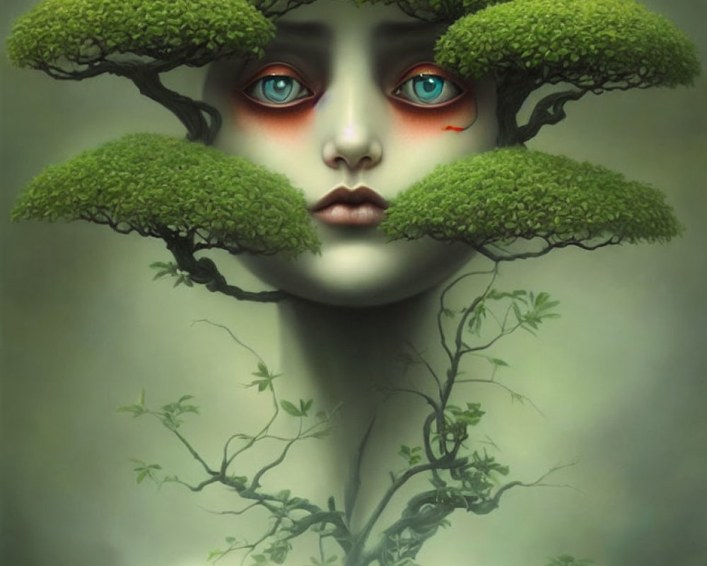 Surreal portrait of woman with tree canopy hair and red eyes