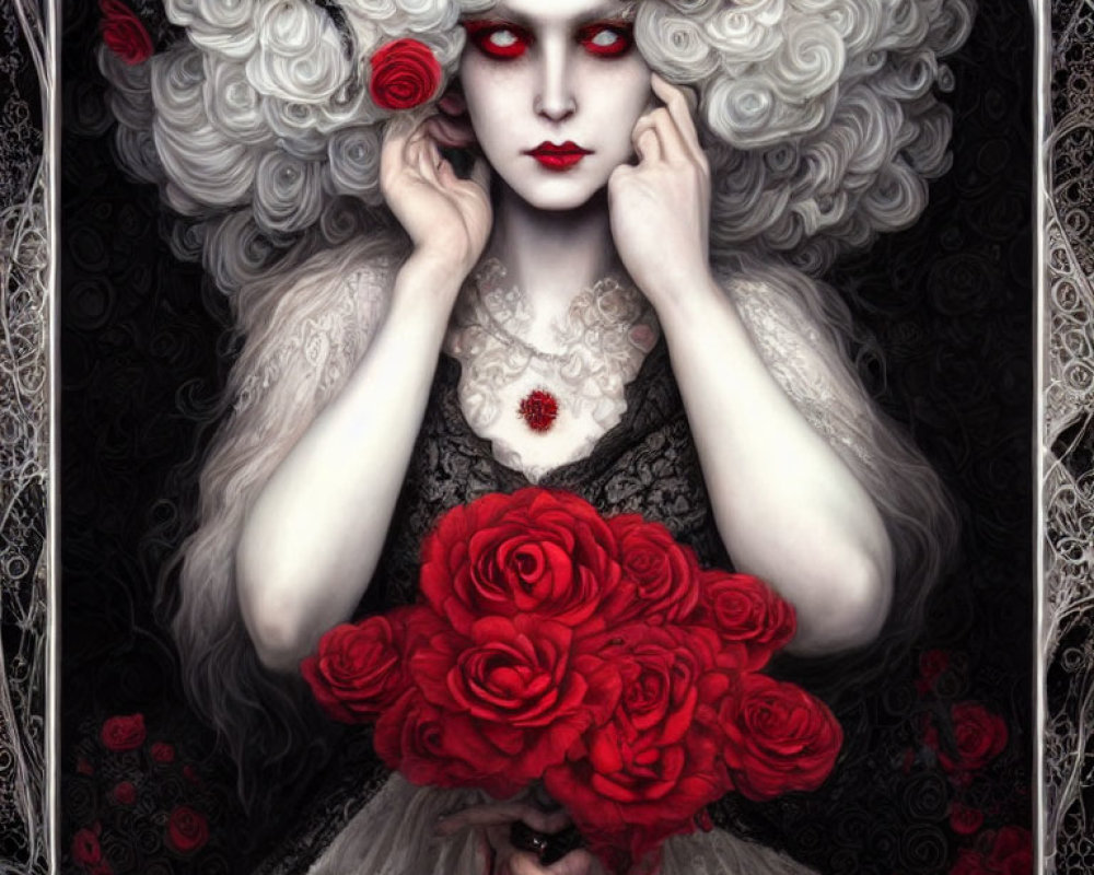 Pale Woman with Red Eyes Holding Roses and Bouquet in Gothic Fantasy Portrait