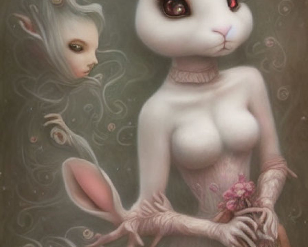 Surreal humanoid rabbit painting with dress, bouquet, and unique features