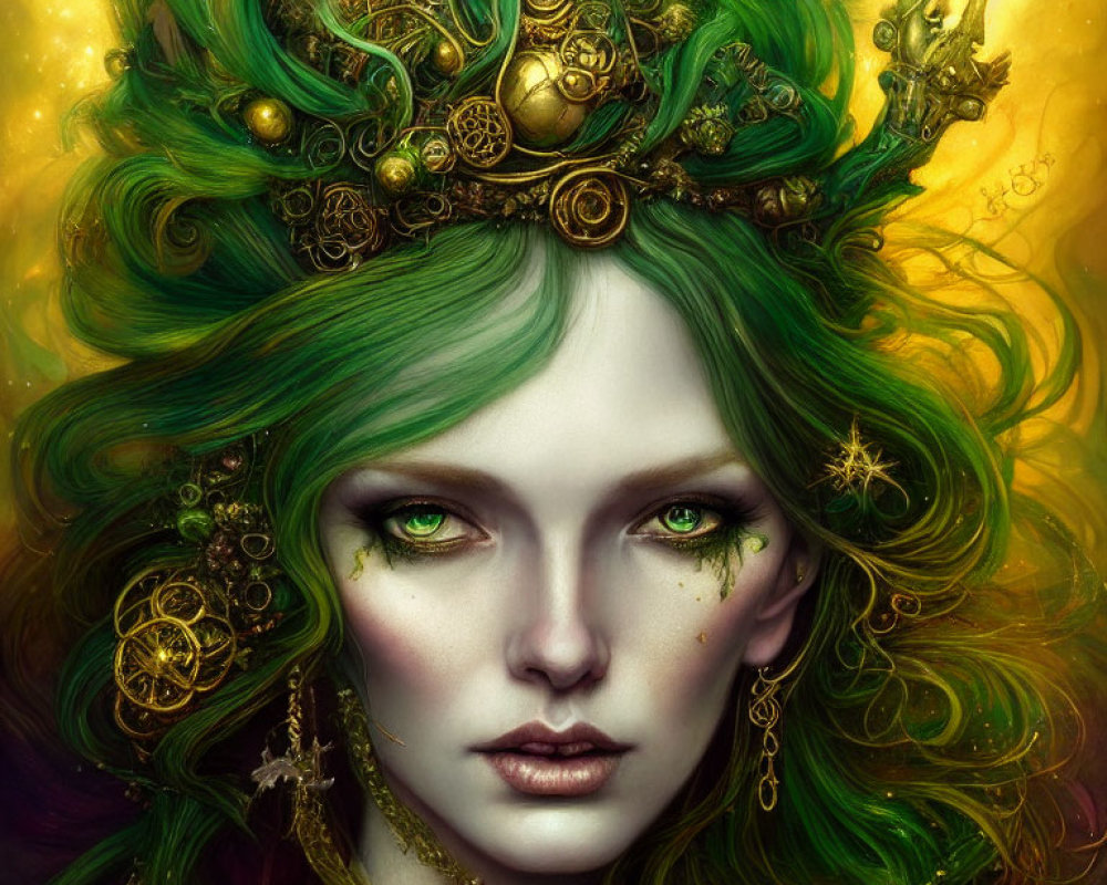 Fantasy portrait of a woman with green hair, golden crown, and star-shaped markings