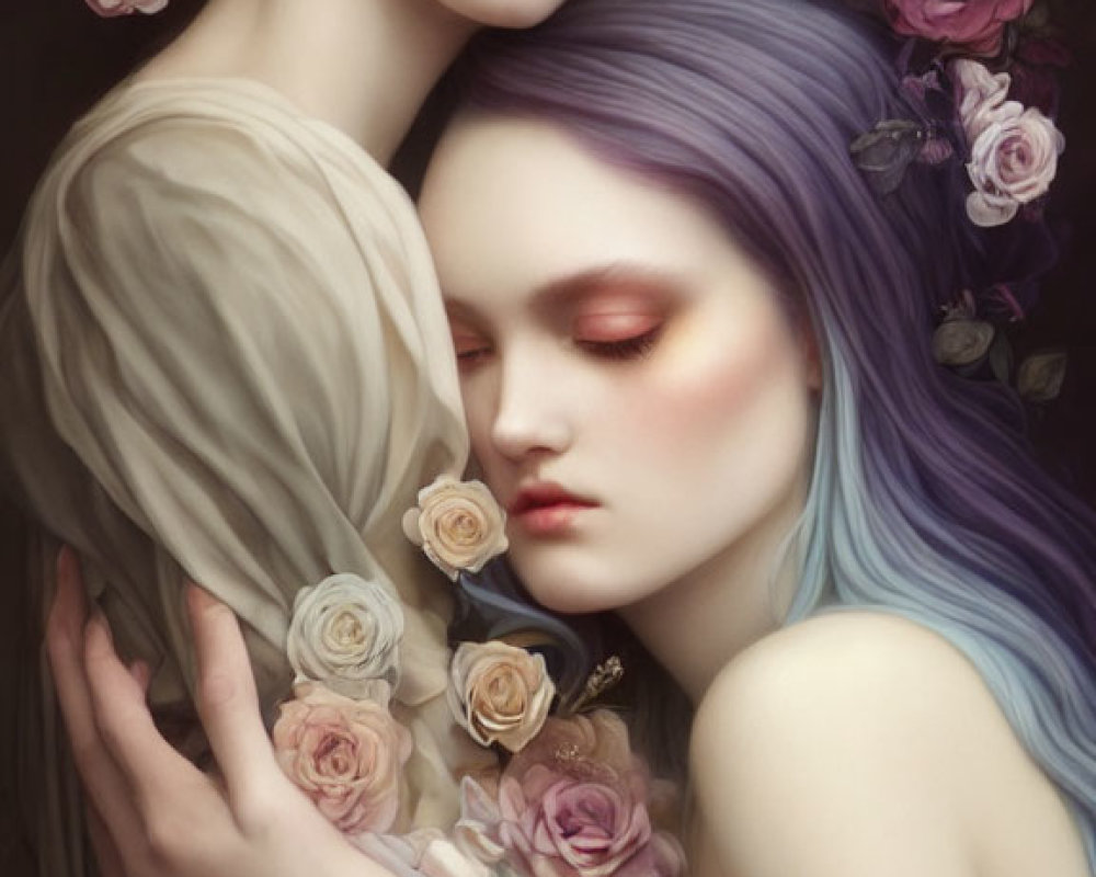 Ethereal figures with pastel-toned hair and skin embrace in dreamlike scene