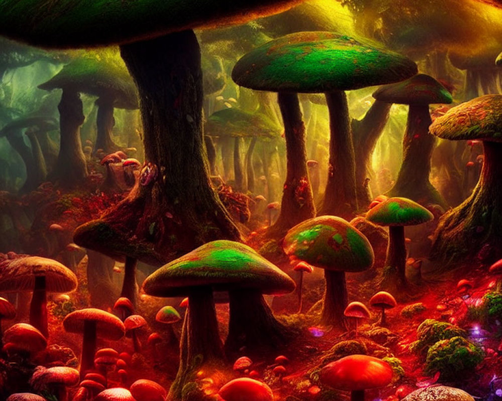 Colorful Oversized Mushrooms in Vibrant Fantasy Forest