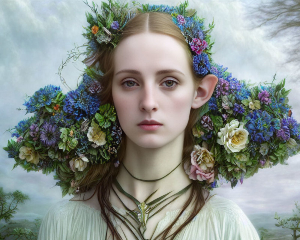 Woman with Floral Wreath and Elfin Ears in Serene Pose