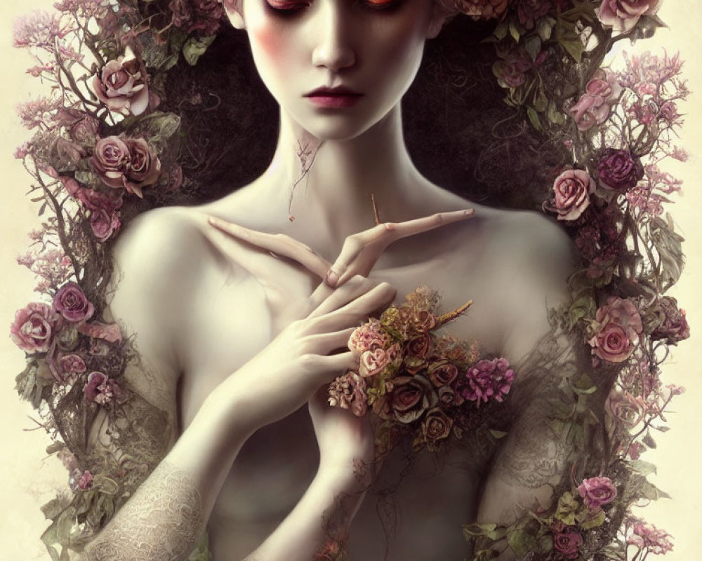 Ethereal woman with red eyes and roses in intricate pose