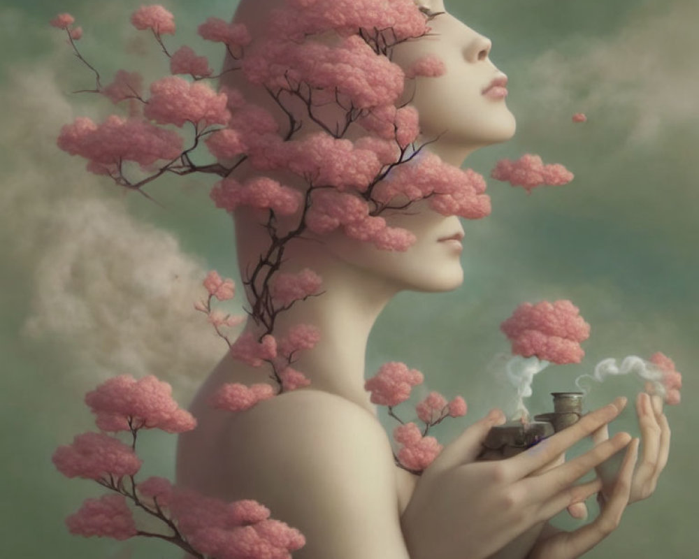 Surreal portrait with branches, pink blossoms, and miniature pot