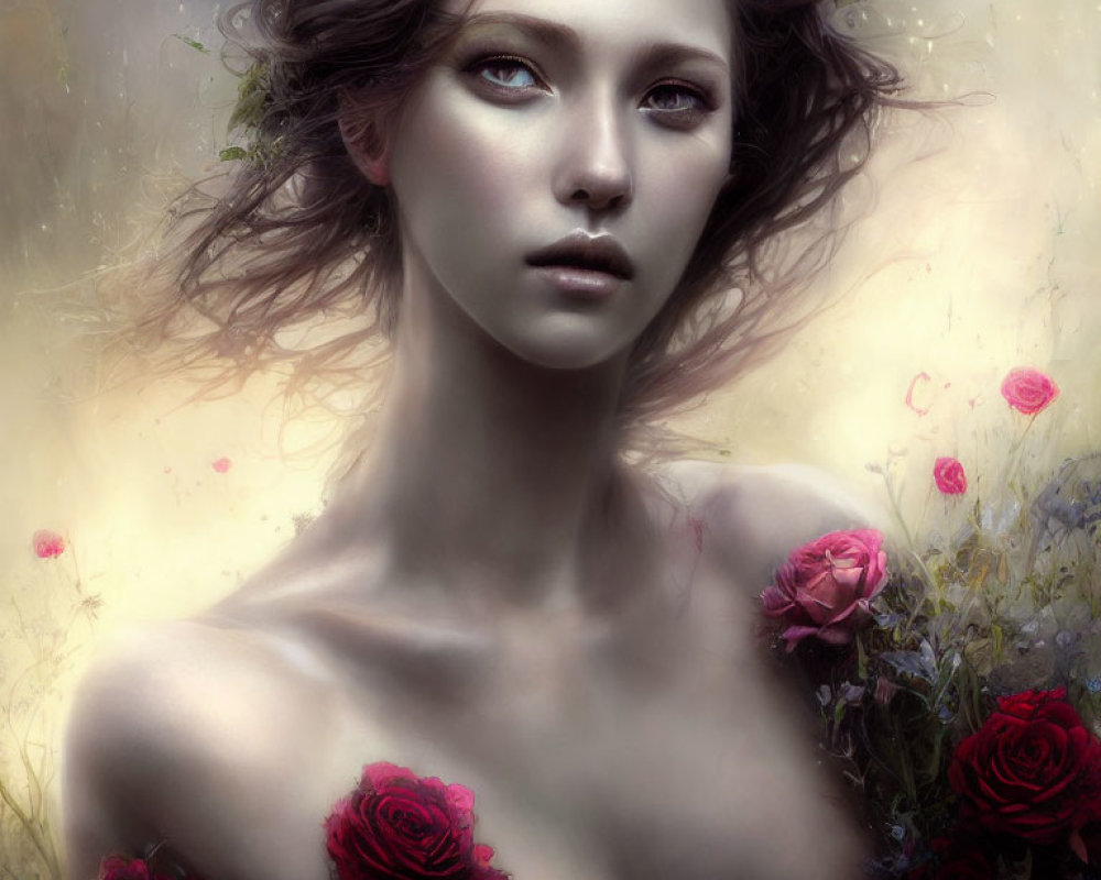 Portrait of Woman with Subtle Makeup Surrounded by Dark Red Roses