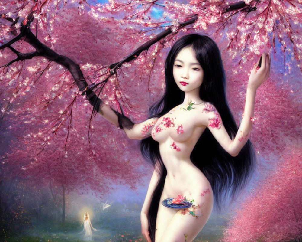 Woman adorned with flower embellishments under cherry blossom tree in dreamy landscape