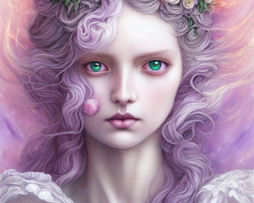 Digital Artwork: Pale-skinned Female with Lavender Hair and Rose Crown