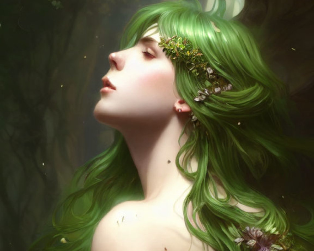 Woman with Long Flowing Green Hair and Flowers Against Soft-Lit Forest