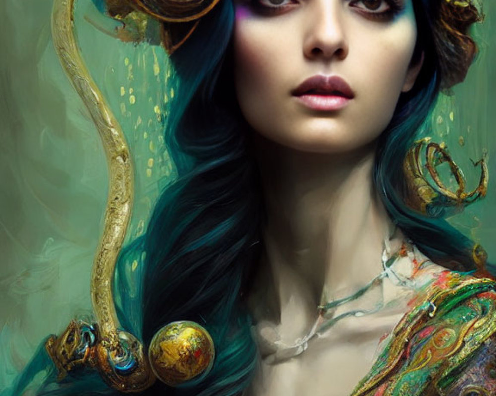 Digital painting of woman with vibrant blue hair & golden headdress with peacock feathers & gems