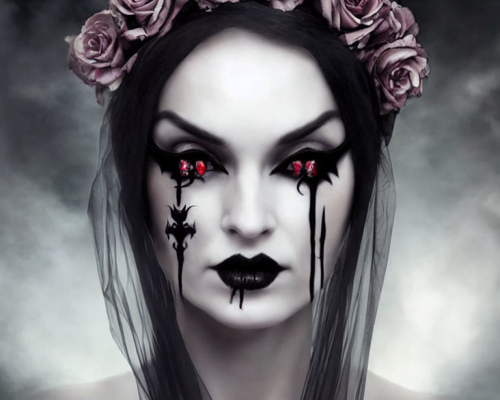 Pale skin, black lipstick, red eyes, crown of roses, dramatic black eye makeup.