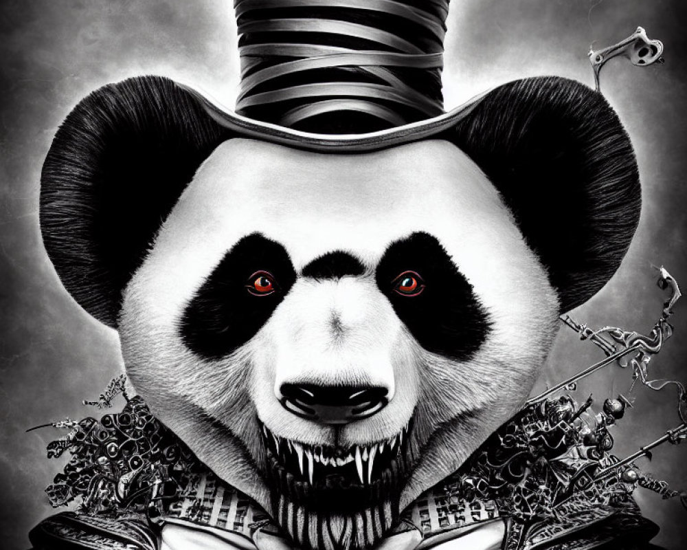 Surreal black and white illustration: Panda in Gothic attire