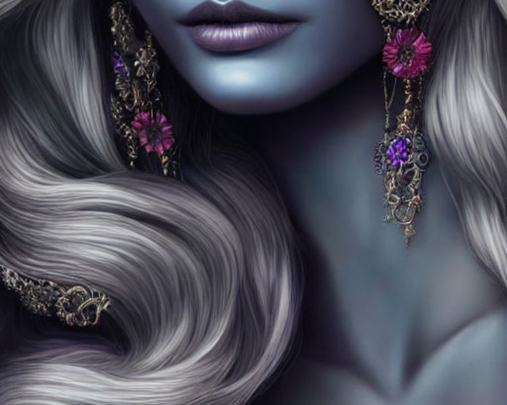 Fantasy illustration of woman with blue skin and silver mask