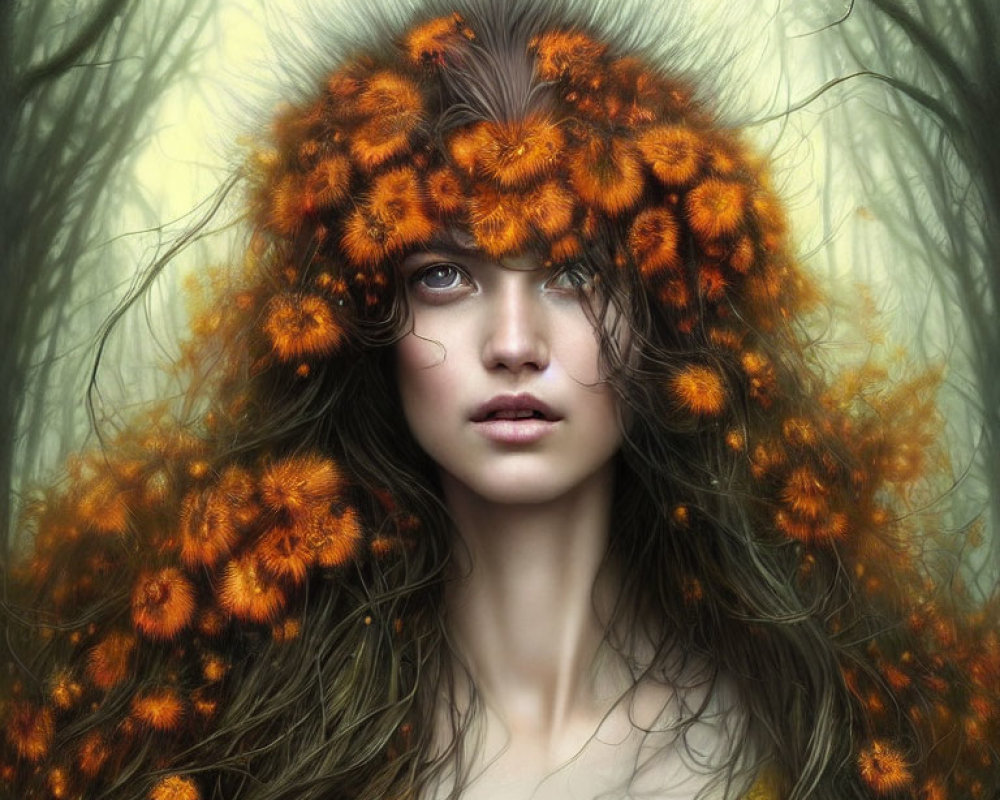 Blue-eyed woman with orange flowers in voluminous hair on soft green backdrop