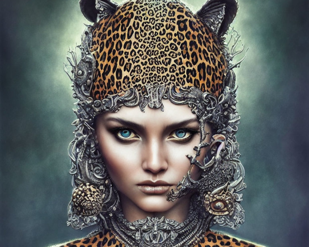 Digital Artwork: Woman with Leopard Print Skin and Silver Jewelry