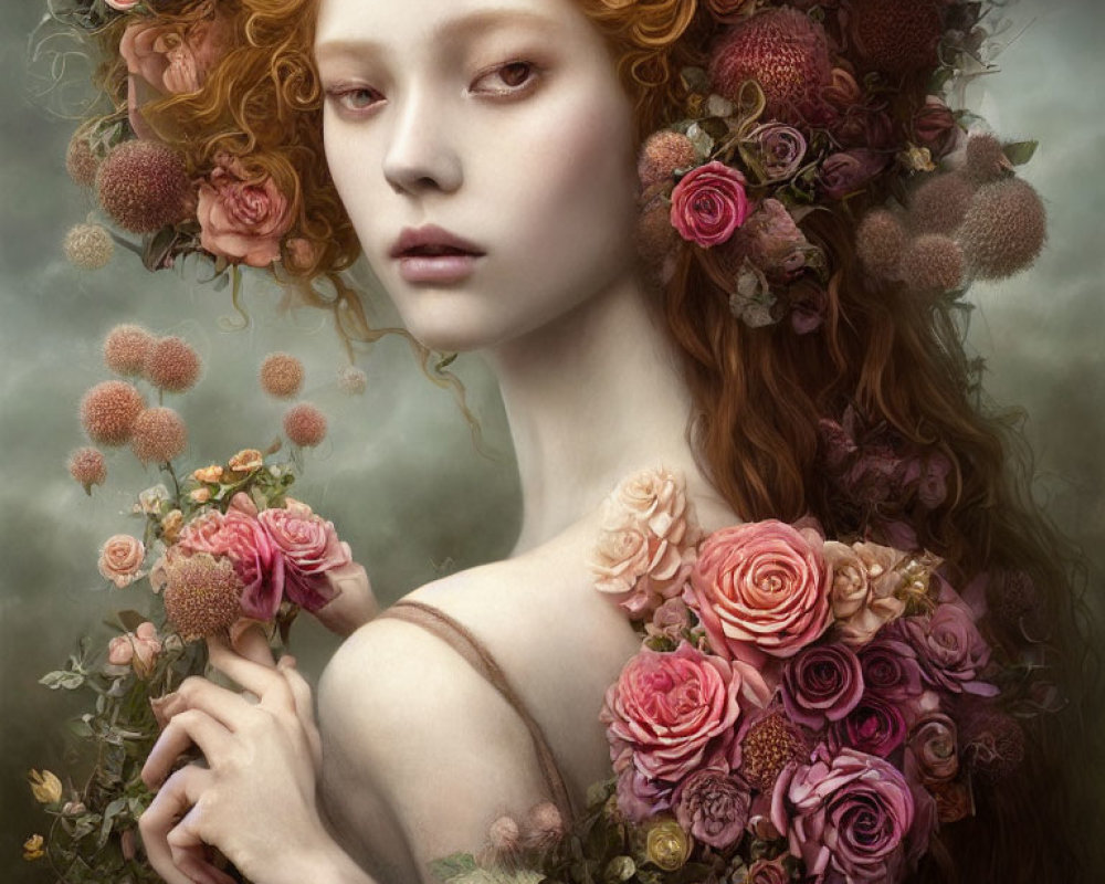 Portrait of woman with pale skin and curly red hair holding a rose, surrounded by flowers on green backdrop