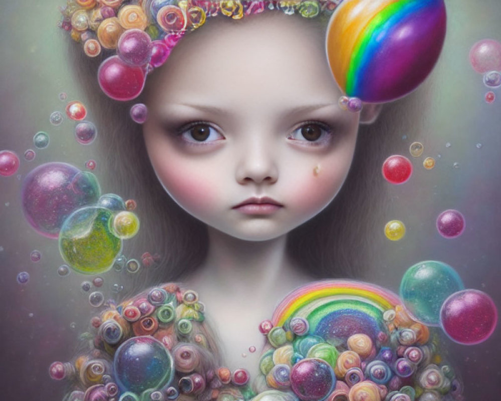 Colorful surreal portrait of a girl with expressive eyes and vibrant spheres.