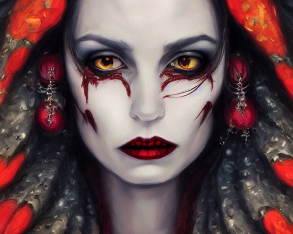 Dark Fantasy Female Portrait with Sharp Features and Horned Headpiece